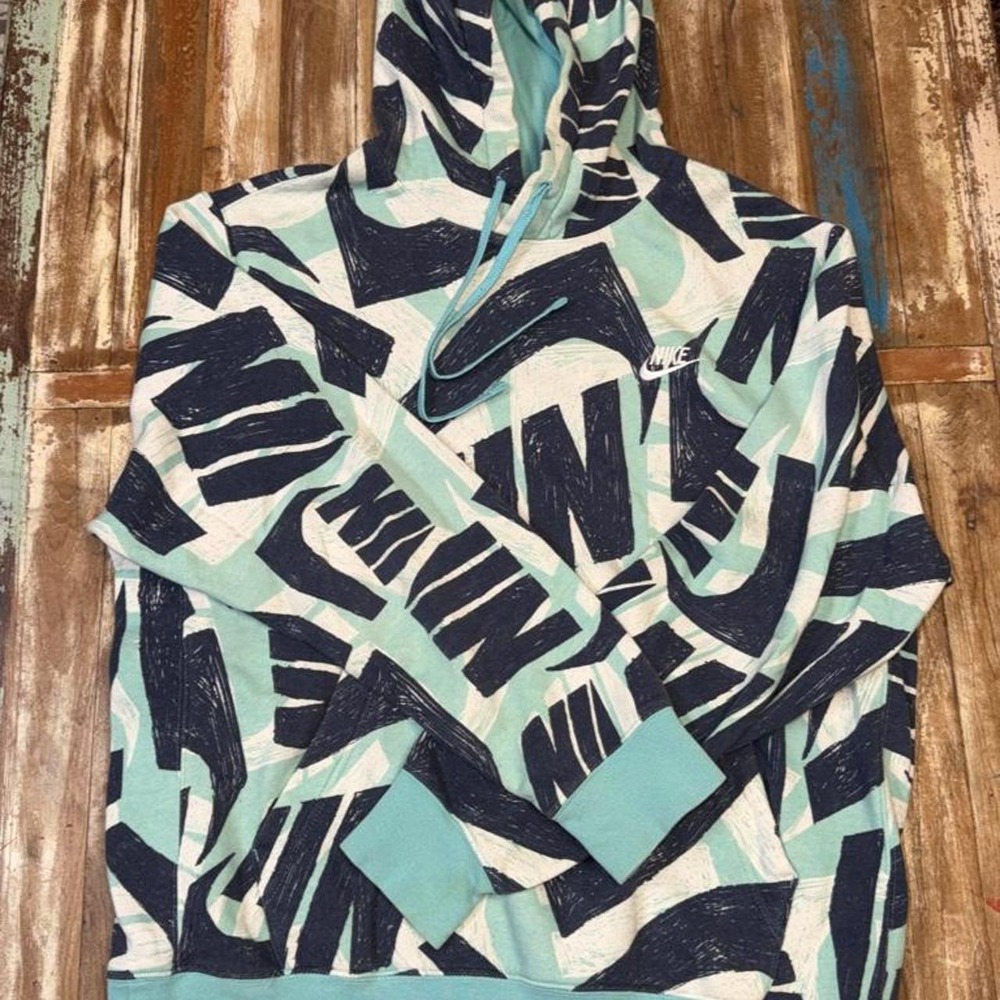 Nike Mens Abstract Swoosh Logo Pattern Hoodie Teal Black White Large